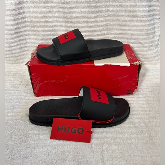 HUGO Men's Match It Slides with Red Logo in Black and Red Size US 9 NEW - Picture 1 of 12